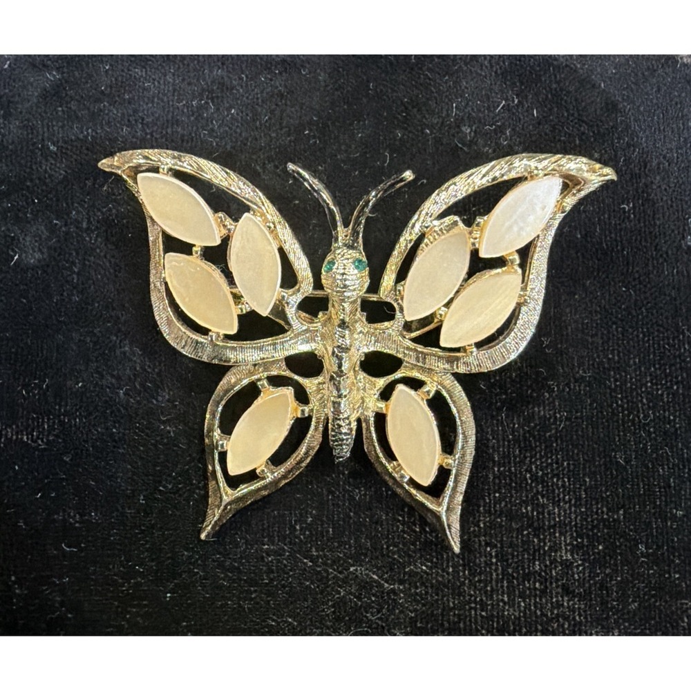 Vintage Gold Tone Butterfly Brooch Cream Marquise Stones Green Eyes 1960s